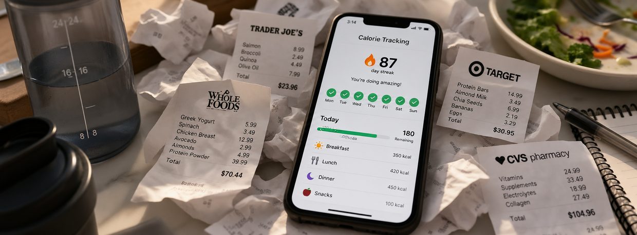 A phone showing an 87-day calorie-tracking streak, lying on a pile of crumpled grocery and pharmacy receipts