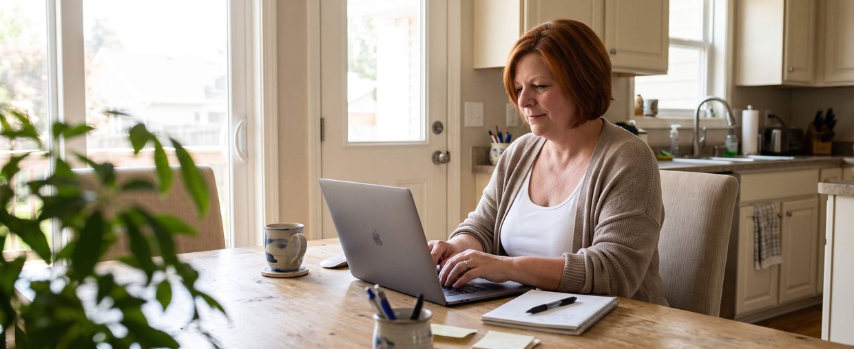 The same woman working calmly at her laptop in a sunny home office, the door behind her closed
