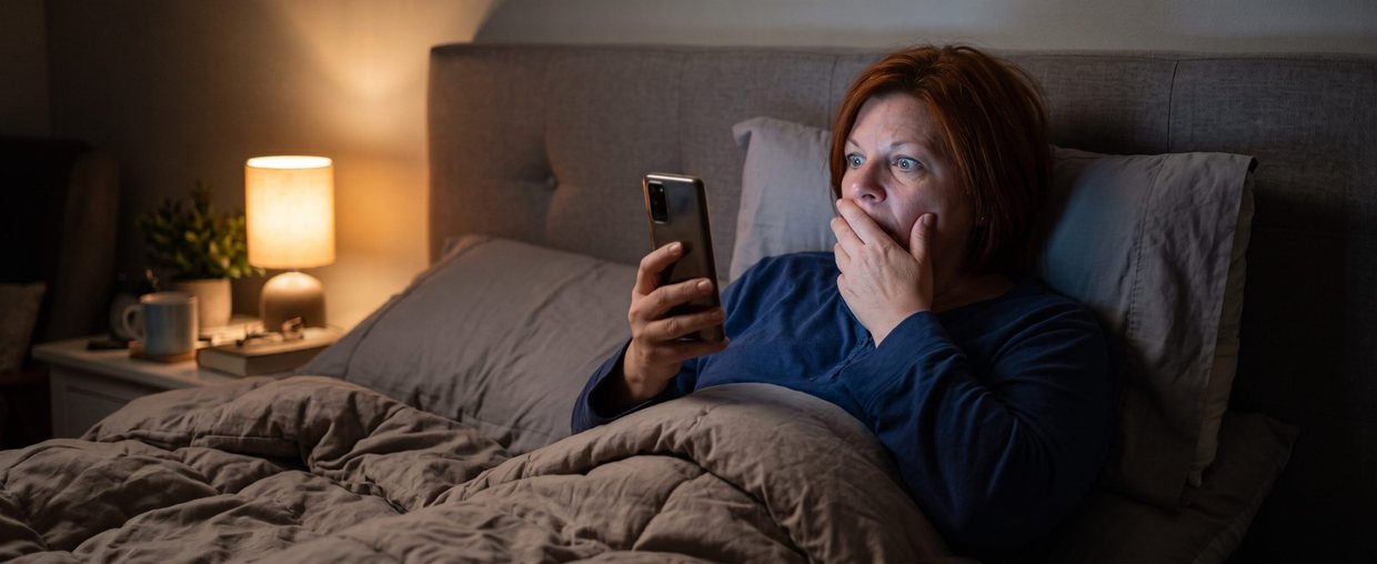 A woman in bed at night, hand over her mouth, reading comments in a Facebook group on her phone