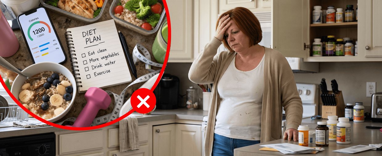 A tired woman in her kitchen next to shelves of supplement bottles, with diet plans, apps and meal-prep crossed out