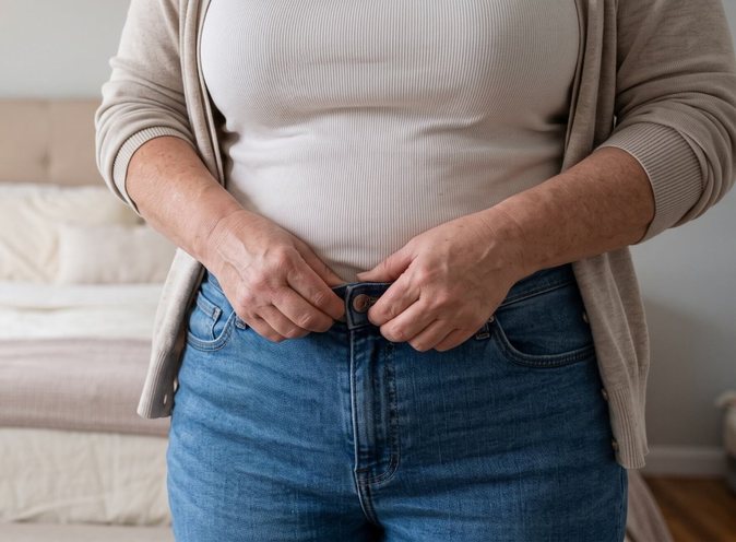 A woman buttoning her jeans, shown from the waist down
