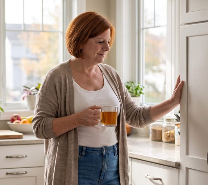 The same woman smiling a little as she closes the pantry door, a cup of tea in her other hand