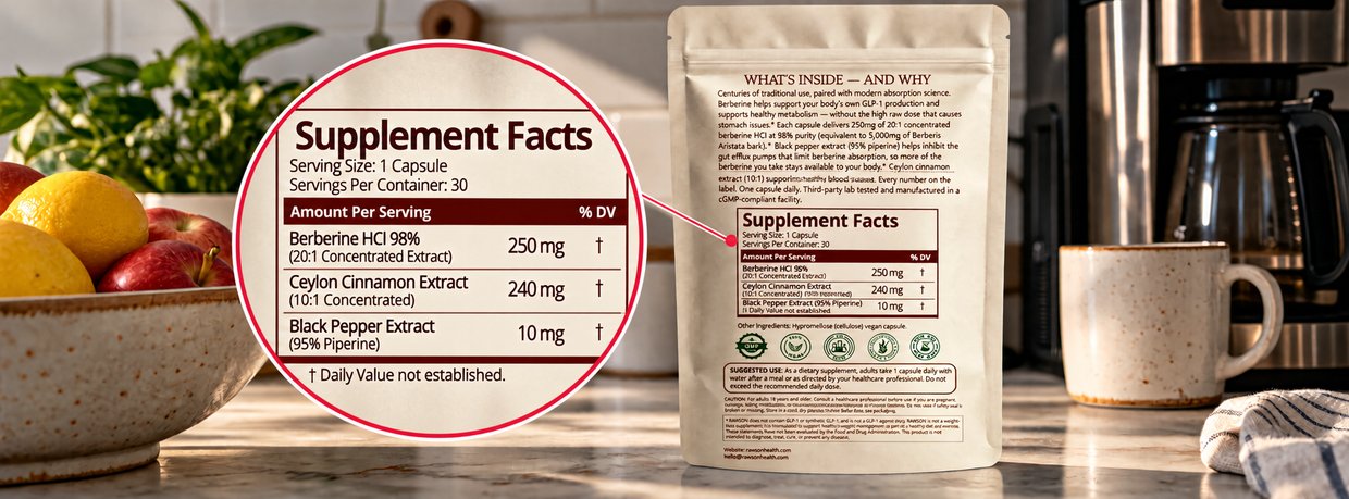 Back of a RAWSON pouch on a kitchen counter, with a zoomed-in Supplement Facts panel listing berberine HCl 250 mg, Ceylon cinnamon extract 240 mg and black pepper extract 10 mg