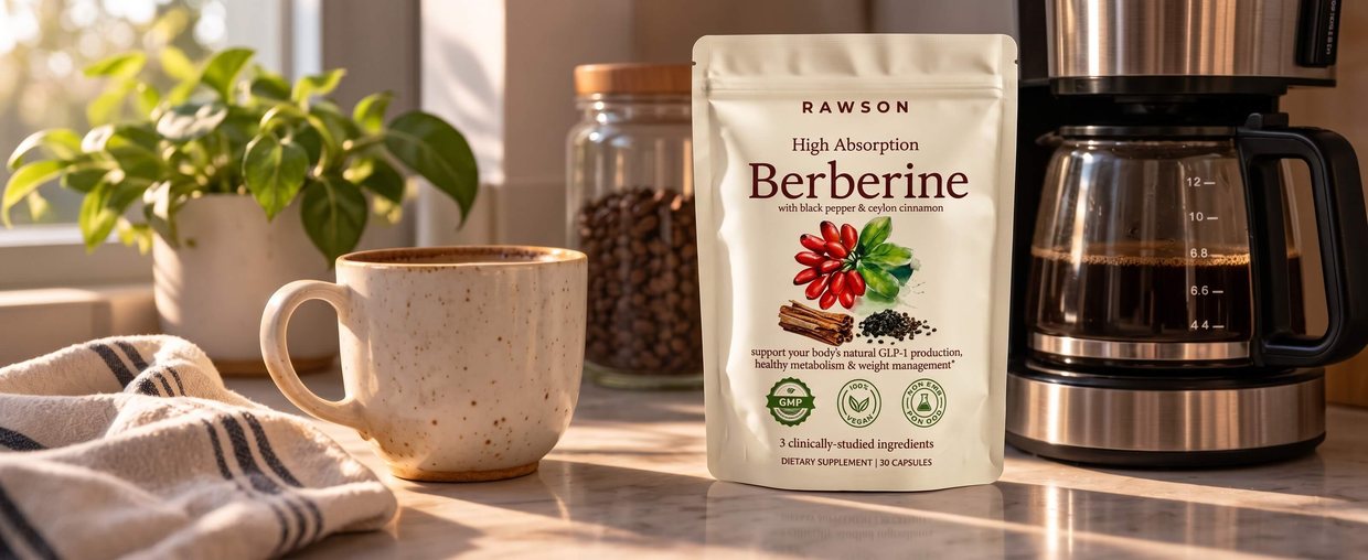 A RAWSON High Absorption Berberine pouch on a kitchen counter between a coffee mug and a coffee maker, in morning light