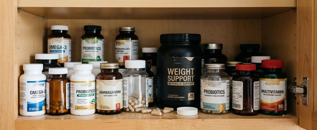 A kitchen cabinet shelf packed with supplement bottles and a large fat-burner tub