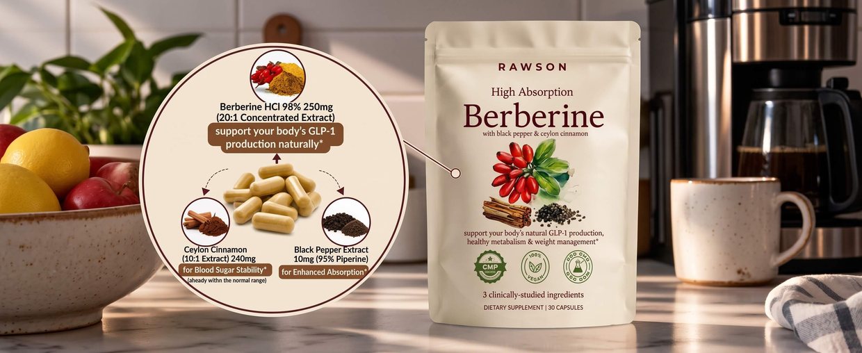 RAWSON High Absorption Berberine pouch beside a graphic of its three ingredients: berberine HCl 95% 250 mg, Ceylon cinnamon 240 mg and black pepper extract 10 mg